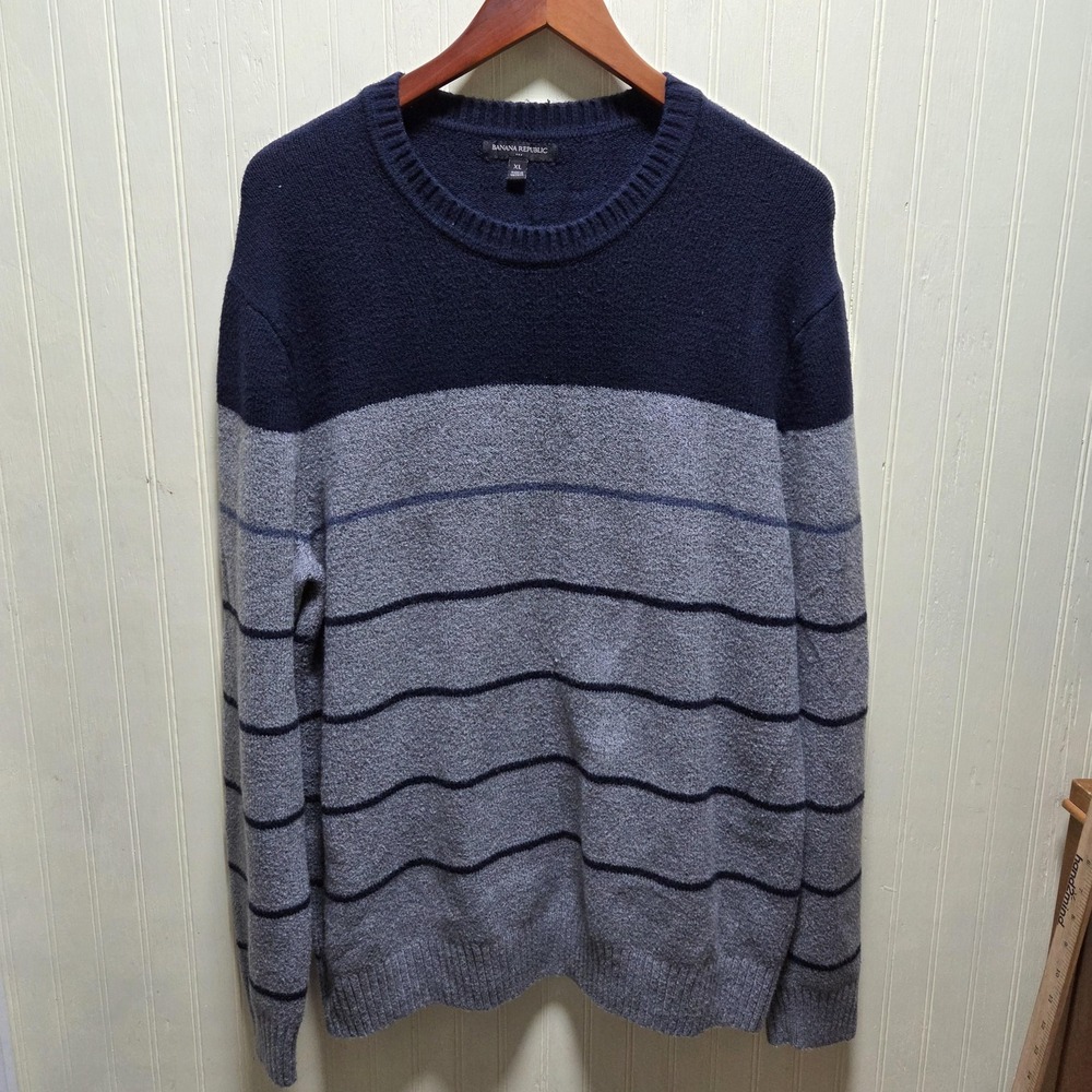 Banana Republic Sweater Mens XL Gray Navy Stripe Crewneck Knit Pullover Casual
